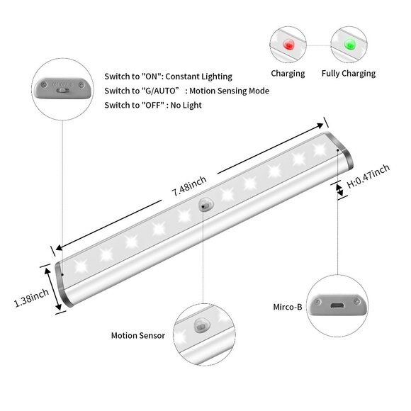 2-Pack LEPOTEC Wireless Rechargeable Motion Sensor Cabinet Lights - 10 LED - Picture 2 of 12